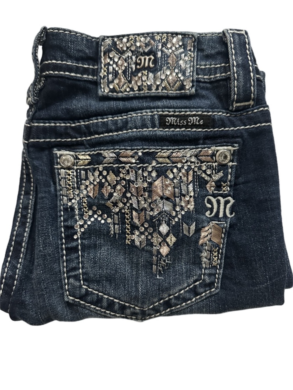 Miss Me Dark Wash Ankle Skinny Jeans Metallic Rhinestones Embellishment Y2K 28